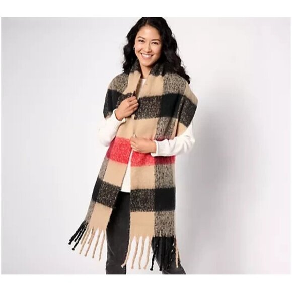 Sprigs 93X14" Oversized Check Fringe Scarf Camel/Red OS  A615721 - Picture 1 of 1